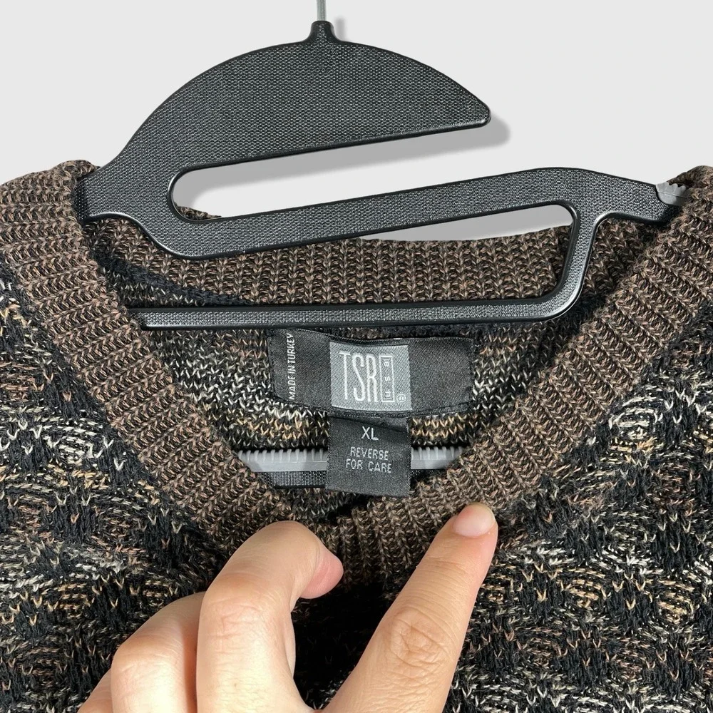 TSR Crewneck Sweater Mens XL Brown Geometric Knit Hip Hop 90s Vintage Grandpa